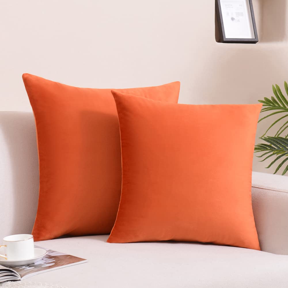 Krifey Throw Pillow Covers Velvet Decorative Square Pillowcase Soft Cushion Case for Couch Bedroom 16x16 Inch Orange Pack