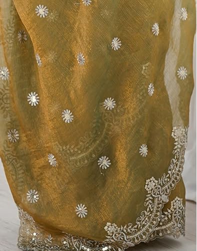 Image of Satrani Women's Shimmer Chiffon Dual Tone Scalloped Border Sequins Embroidery Saree with Unstitched Blouse Piece