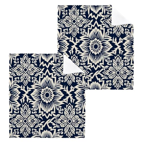 YANENDIE Indigo and White Flower Washcloths Towels, Highly Absorbent and Soft Cotton Face Cloths, 2 Pack Quick Dry Wash Cloths - 12 X 12 Inches