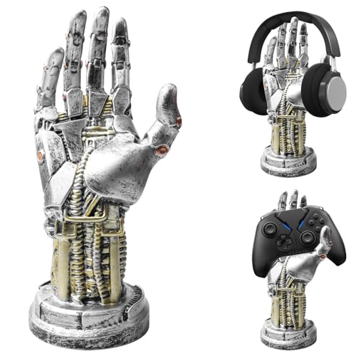 GOMETY Cyberpunk Kopfhörerständer – Gaming Headset Halterung und Controller Ständer – Cyberpunk Kunstwerk Futuristisches Harzdesign – Roboterarm Gamer Zubehör für Schreibtischorganisation Schmücken