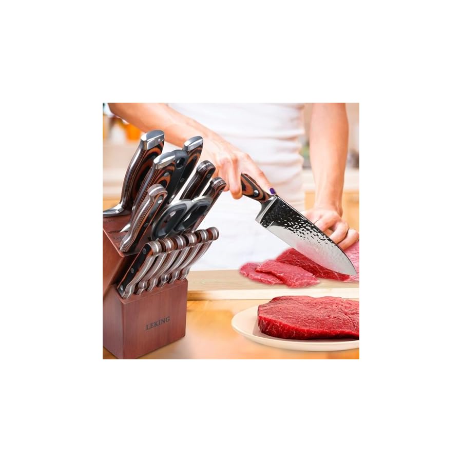 Leking-15-Piece-Block-Knife-Set-with-Wooden-Block-Premium-High-Carbon-Stainless-Steel-Chef-Knife-Set-with-Pakka-Wooden-Handle-Kitchen-Knife-Sets-with-Sharpener-Knives-Set-Scissor-6-Steak-Knives Leking 15-Piece Block Knife Set with Wooden Block, Premium High Carbon Stainless Steel Chef Knife Set with Pakka Wooden Handle, Kitchen Knife Sets with Sharpener, Knives Set, Scissor, 6 Steak Knives