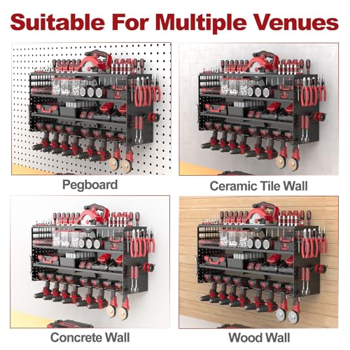 ODSNANIE 4 Ebenen Werkzeug Wandhalterung,Wandhalterung Schlagbohrschrauber Werkzeugregal für 8 Elektrowerkzeug, Metall Werkzeugorganizer mit Seitlichem Schraubendreher für Garage Werkstatt，84.5*20*42
