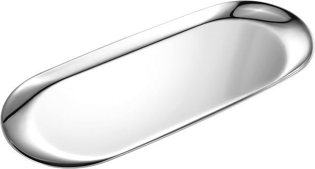 Silver Oval Vanity Tray, Stainless Steel Jewelry Tray, Bathroom Tray, Makeup Cosmetic Trays,Towel Napkin Tray, Storage Organizer,9 x 3.8 inches (LxW), Medium