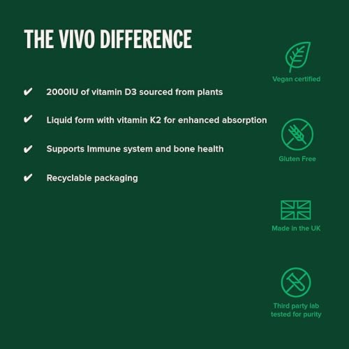 Miniatura 4 de Vivo Life - Vitamina D3 K2, 1.7 fl oz de gotas de complejo líquido, 2000iu de D3, suplemento de salud vegano para hombres y mujeres, 100 porciones