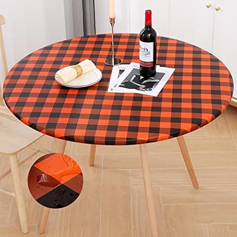smiry Checkered Table Cloth Cover, Elastic Fitted Flannel Backed Vinyl Tablecloth for 36"-44" Round Tables, Waterproof Wipeable Buffalo Plaid Table Cover for Fall Halloween Party, Black and Orange Cover