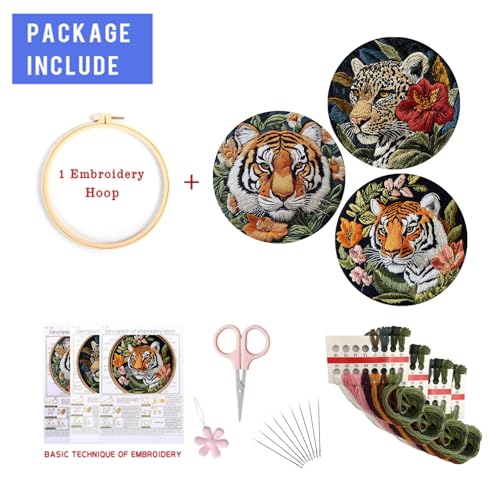 Image of LB Red Floral Embroidery Kit for Beginners Adults, 3 Sets Hand Embroidery Starter Kit with Tiger Pattern and Instructions Stamped Cross Stitch Kits Include Embroidery Hoop Needles Threads Scissors