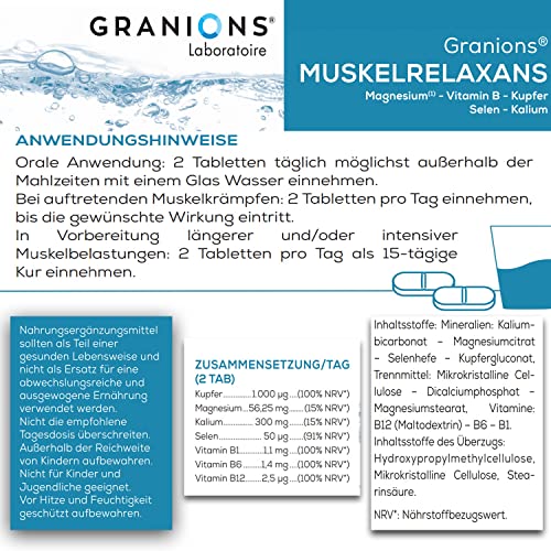 Muskelrelaxans – 60 Tabletten für Muskelentspannung & Regeneration – Magnesium Tabletten gegen Muskelkrämpfe & Muskelverspannungen – Mit Selen, Kupfer & B-Vitamine - GRANIONS