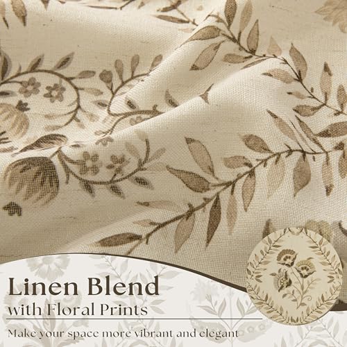 Image of Floral Linen Curtains 80 Inch Length 2 Panels Set Semi Sheer Curtain Brown