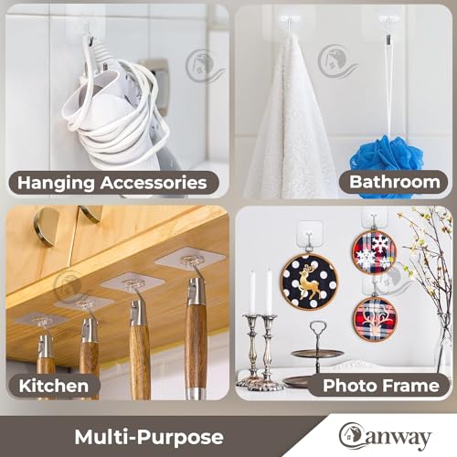 Image of CANWAY Plastic Pack Of 10 Self Adhesive Heavy Duty J Wall Hook No Drilling Needed To Use Inside Home & Kitchen, Transparent