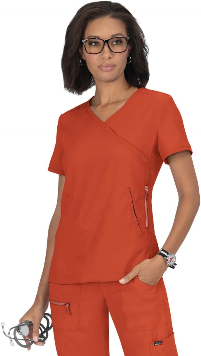 KOI Lite Women's Philosophy Mock Wrap Side Zipper Solid Scrub Top