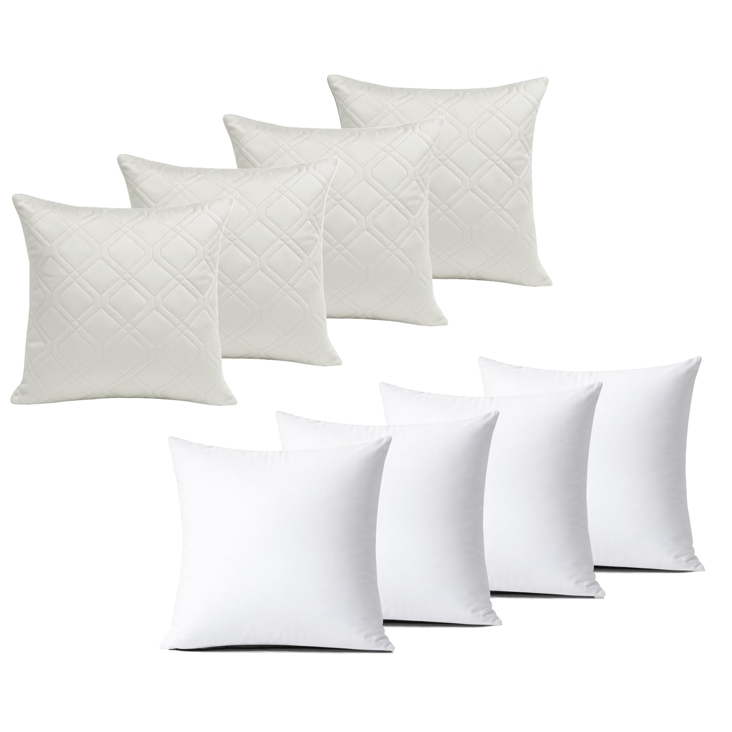 BedLooms Cushions with Covers Included 45x45 cm White Pack of 4 (4-Cushion Covers + 4-Cushion Inners) Ultrasonic Diamond Velvet Square Throw Pillow Cases with Invisible Zipper for Sofa Bedroom