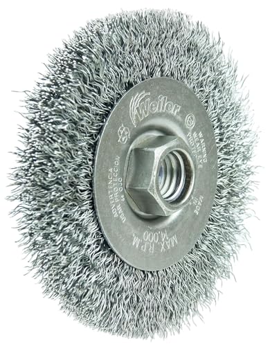 Image of Weiler 13081 4 inch Narrow Face Crimped Wire Wheel, .014 inch Steel Fill, 5 /8 inch-11 UNC Nut, Made in The USA (Pack of 5)