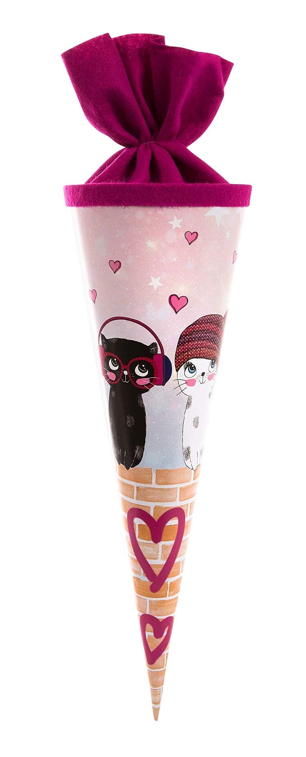 GoldbuchSiblings 35 cm, Girls, Sugar Cone with Music for Cats Motif, Gift Bag Made of Lacquered Cardboard with Felt Closure, Starting School, Approx. 35 x 11.5 cm