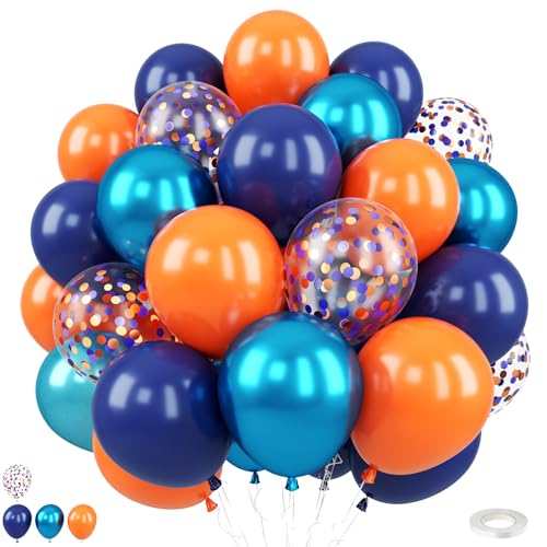 Image of Blue and Orange Party Balloons, 50Pcs 12 Inch Confetti Metallic Blue Latex | Orange and Metallic Blue Balloons for Boys Birthday Baby Shower Wedding Boys Graduation Family Party Photo Backdrop Decor