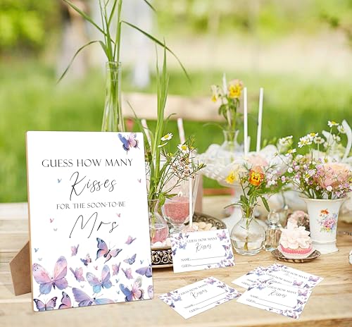 How Many Kisses Bridal Shower Games, How Many Kisses For The Soon To Be Mrs, 1 Wooden Sign with 50 Cards, Butterfly Guessing Game for Wedding, Bachelorette Party Night, Engagement Decoration by Woukaup - Image 4