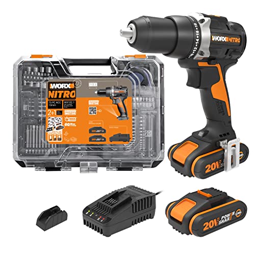 WORX NITRO 18V (20V MAX) Akku-Bohrschrauber WX102.1, PowerShare, bürstenlos, 60Nm, 2-stufige Drehzahlregelung, Kupplung mit 18+1 Positionen, LED-Licht, 2x2Ah-Akkus, Ladegerät, 75-teiliges Zubehörset