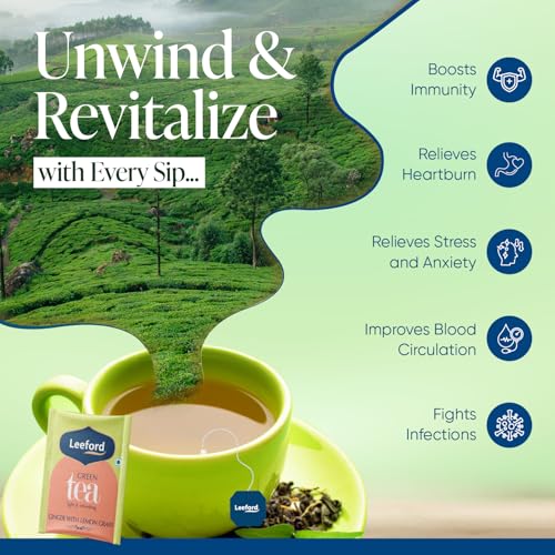 Image of Leeford Ginger Lemongrass Green Tea 30 Tea Bags (Pack of 2) | All Natural Flavour | Zesty Immunity Booster | Antioxidant Powerhouse | 100% Natural Digestion Aid | Brews Best with Added Honey | Milk-Free & Fuss-Free