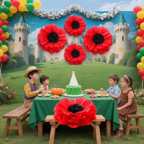 Image of Chunful 5 Pcs 30'' 24'' Giant Poppy Red Tissue Paper Flowers Wizard Party Decoration Large Hanging Tissue Paper Poppies Pom Poms Decor for Halloween Witch Veterans Day Carnival Memorial Day Birthday