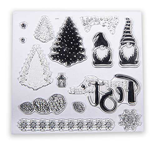 Rayher Set of 14 Clear Silicone Stamps with Christmas Gnome Design for Cardmaking and Crafting, Assorted Winter Themed Designs and Seasonal Sentiment, 102.5x97mm, 50254000