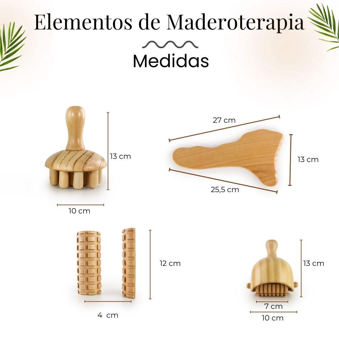 Kit Maderoterapia Anticelulítica | Maderoterapia | Kit compuesto de 7 Elementos Fabricados en Madera de Pino y Loto Natural | Ideal para Masajes | Diseños Exclusivos Maderoterapia Estética España