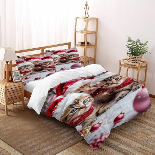 Housse de couette Noël imprimé chatons 3 pièces le cadeau parfait pour lit double