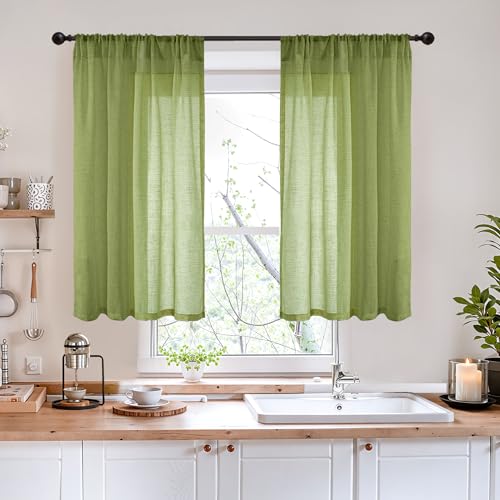 Image of BGment 40 Inches Long Olive Green Linen Curtains for Short Window - Rod Pocket Small Drapes Textured Light Filtering for Cafe Bedroom Spring Lightweight Natural Rustic, 2 Panels Set, 42 X 40 Inch