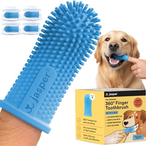 Jasper Dog Toothbrush, 360 Degree Dog Tooth Brushing Kit, Cat Toothbrush, Canine Dental Care & Teeth Cleaning Kit, Pet Finger Tooth Brush, Use with Pet Toothpaste, 4-Pack Blue