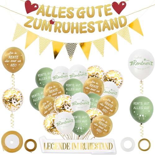 Luftballons Rente Deko Komplettset mit Latexballons Gold Buchstaben-Banner Dreieck-Girlande & LEGENDE IM RUHESTAND Schärpe Rentner Geschenk zur Pensionierung Ruhestand Abschiedsdeko für Kollegen