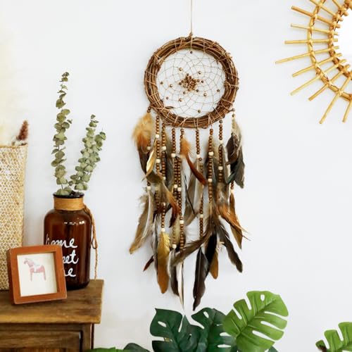 Dream Catcher Native American Boho Dreamcatcher Rattan Wall Decor, Handmade Natural Goose Feathers Brown Golden Beaded Hanging Ornament Indian Decor for Bedroom Living Room (Dark Brown) - Image 3