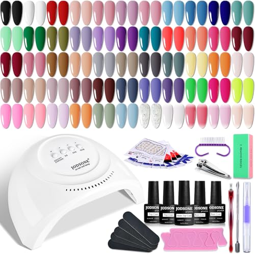 JODSONE Zestaw 60 żelowych lakierów do paznokci z lekką podstawą U V i matowym błyszczącym lakierem wierzchnim, lakier żelowy do paznokci Soak off Manicure, akcesoria, narzędzia, odpowiednie na