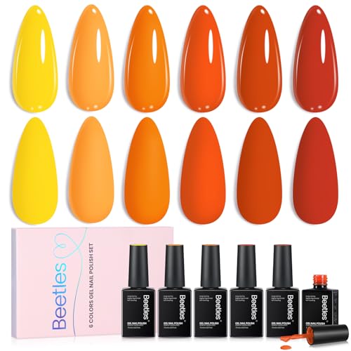 Beetles Orange Gel Polish Set - Twilight Warmth Collection 6 Colors Bright Orange Coral Peach Gel Nail Polish Set Yellow Uv Gel Nail Art Manicure Gift for Women