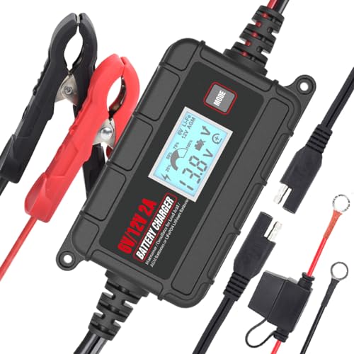 TN TONNY Automotive Use 12V 2A Battery Trickle Charger, 6V/12 Volt Lead Acid & 14.6V LiFePO4/12.6V Li-ion Battery Charger Maintainer, Smart Battery Charger for Car/Motorcycle/ATV/Lawn Mower