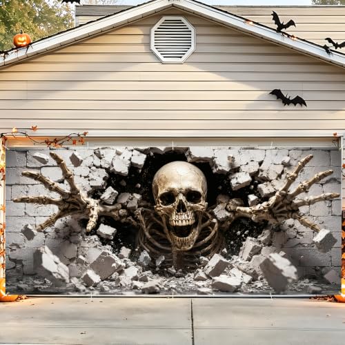 Image of Halloween Garage Door Banner Cover, 3D Skeleton Decor, 7x16 Ft