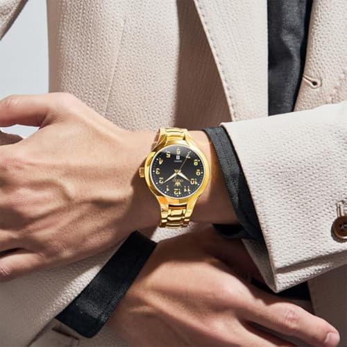 Image of OLEVS Watches for Men Original Luxury Analog Quartz Easy Read Mens Watch Stainless Steel Waterproof Calendar Gold Male Wrist Watch