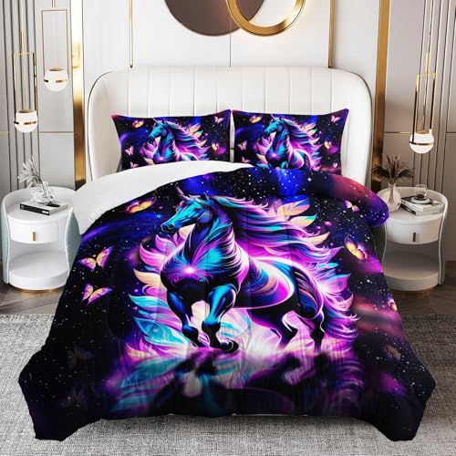 OUIXOTIC Purple Unicorn Comforter Set Full Size for Girls Kids, Cartoon Kawaii Unicorn with Butterfly Print Down Comforter, Galaxy Stars Fantasy Girls Room Decor Children Bedding