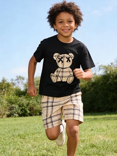 Image of KIDLAGA Kids Toddler Boy Clothes Outfits Bear Print Tee + Plaid Shorts 2 Pieces Summer Shorts Set