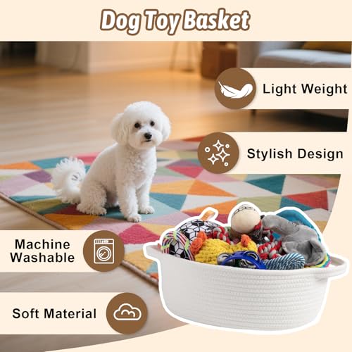Image of OIAHOMY Small Woven Basket with Gift Bags, Ribbons & DIY Label Card, Baskets for Gifts Empty, Small Rope Basket 13.4 * 10 * 5.5IN, Cute Decorative baskets with Handles for Baby Pets, Toys, White
