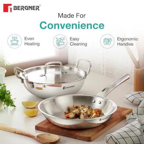 Image of Bergner TriPro 4 Pcs Tri-Ply Stainless Steel Induction Bottom Cookware Set - 22cm (2L) Kadai and 22cm (1L) Frypan with Common Stainless Steel Lid, 14cm (1L) Teapan, Less Oil Use, Easy to Clean