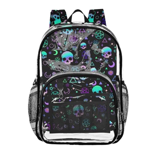 Magic Skull Print Clear Backpack Lightweight Large Capacity See Through Bookbag Transparent Daypack Bag, 12L