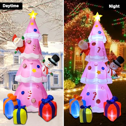 9 FT Inflatable Christmas Tree, rosa Weihnachtsbaum mit Weihnachtsmann und Schneemann, Geschenkbox… – Ansicht 3
