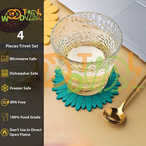 Image of Silicone Trivet Mat - Sunflower Hot Pot Holder Pads - Coasters for Kitchen - Placemat for Hot Dishes - Hot Pads for Table (Set of 4, Small, Green)