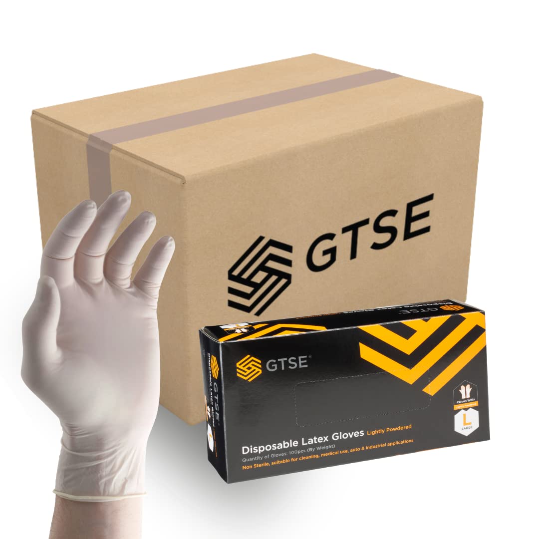 GTSE Bulk Box of 1000 Latex Gloves, Size Large (L), Lightly Powdered Disposable Gloves, White, Suitable for Medical Use, Automotive, Cleaning and Industrial