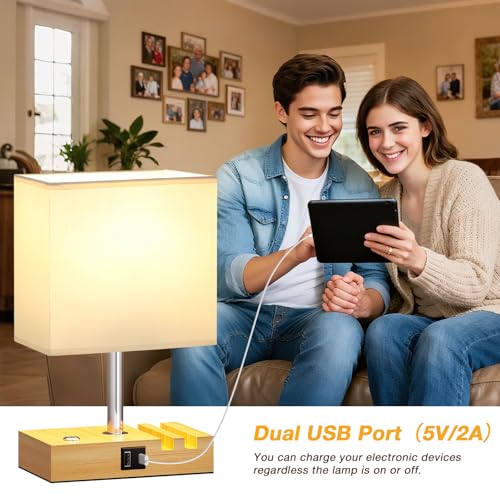 Bedside Lamps, Wooden Table Lamp for Living Room with USB A+C Charging Ports, Dimmable Touch Lamps Bedside with 2 Phone Slots, Wood Charger Organizer for Bedroom, Study, Office(Bulb Included) - Image 4
