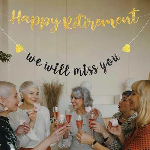 Image of Pre-strung Happy Retirement & We will miss you Banner, Pre-strung on 8 ft Strand Black Gold Glitter Retirement Party Decorations Sign, Going Away Party Farewell Party Supplies and Gifts for Coworker, Men Women