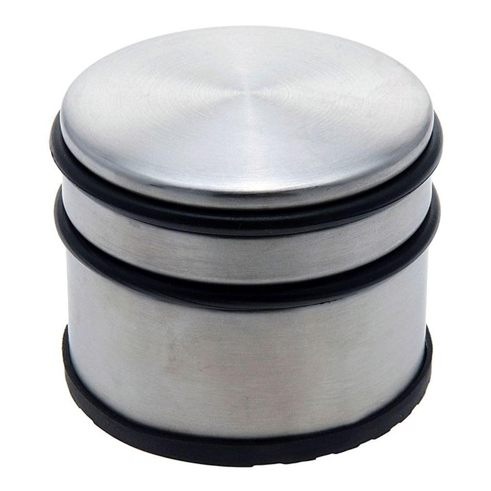 Carousel Home Silver Chunky Stainless Steel Doorstop 1Kg | Round Metal Rubber Door Stop | Heavy Duty Door Stopper With Bumper - 9X8cm