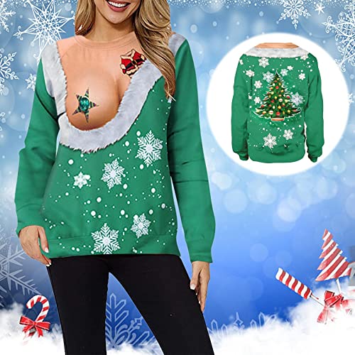 Ugly Sweater Party Supplies Funny Christmas Ugly Sweater For Women 3D Digital Printed Xmas Sweatshirt Long Sleeve Round Neck Holiday Pullover(3-Green,Large) #TOP3