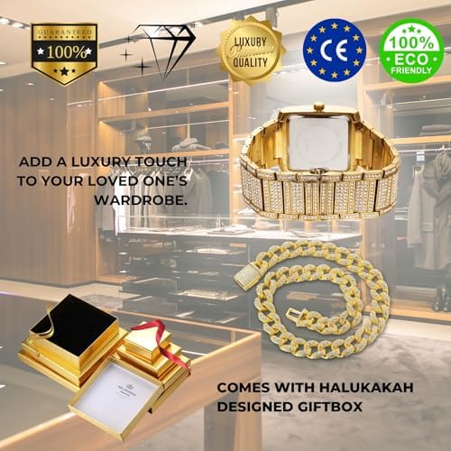 Halukakah Moissanite Diamond Iced Out Watch for Men - Luxury 18k Real Gold Plated,36MM Roman Numerals Square Dial with Calendar,Heavy-Made - 8.5" Length,with Cuban Link Chain 20" - Includes Giftbox - 5