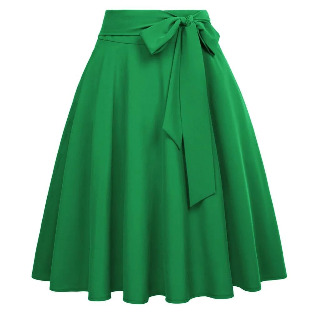 COSKTIARL Falda Acampanada para Mujer - Verde Cintura Alta Gran Oscilación hasta La Rodilla Lazo con Nudo Adornado Falda Plisada para Mujer Falda Versátil Diaria para Fiesta