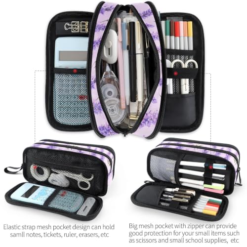 Image of Fustylead Watercolor Vintage Lavender Flowers Pencil Pen Case with 3 Compartments, Lightweight & Spacious Stationery Bag Cosmetics Bag