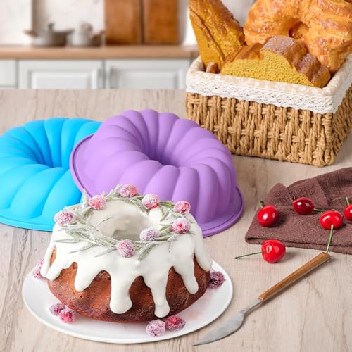 CLUEWR 2 Pack Silicone Cake Pans, 8 & 10 In Non-Stick Jello Molds Silicone Baking Molds for Bundt Cake, Gelatin, Brownie, Cornbread
